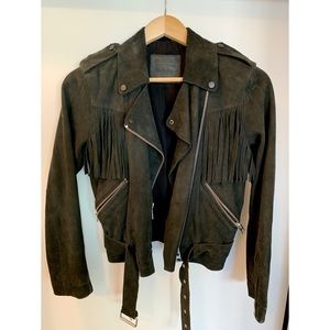 All Saints cropped black suede jacket with fringe